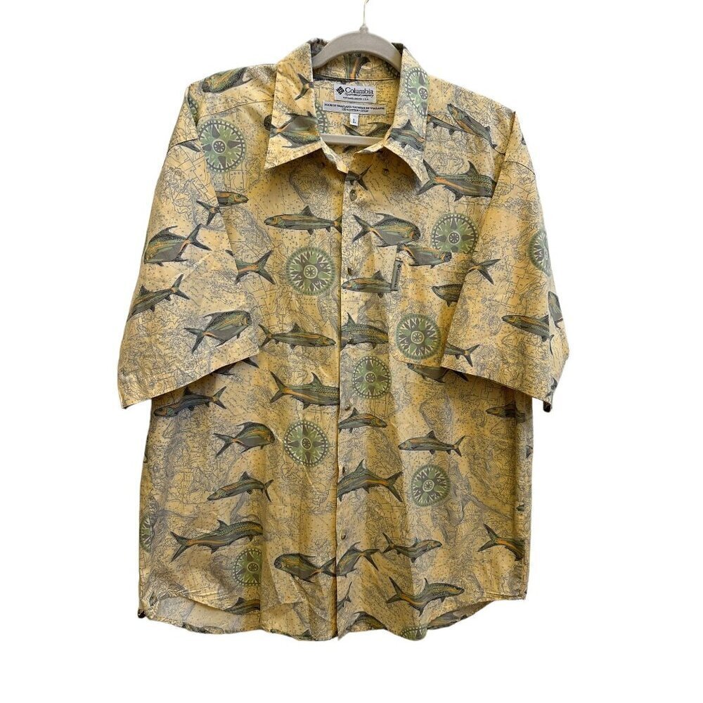 Columbia Fishing Print Shirt Button‎ Up Short Sleeve Outdoor Camp Shirt sz L